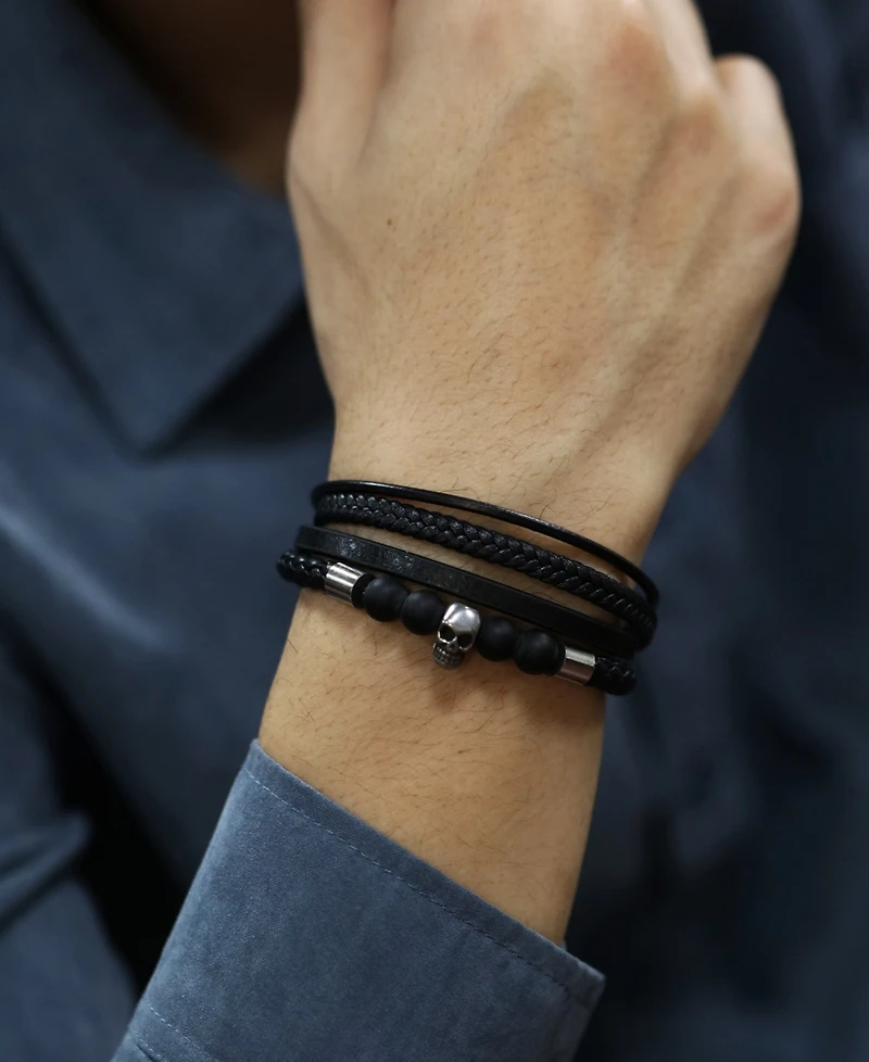 Rhona Sutton Silver Multi Leather Skull Stainless Steel Bracelet