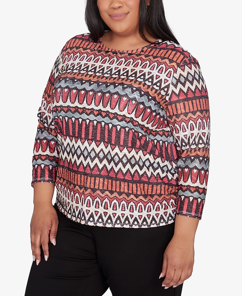 Alfred Dunner Plus Size Runway Ready Geometric Crew Neck Ruched Side Top