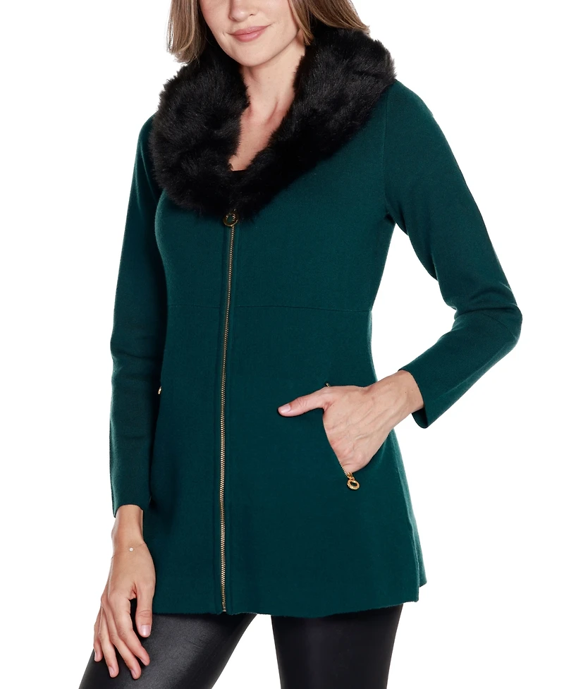 Belldini Women's Black Label Faux Fur Collar Cardigan Sweater