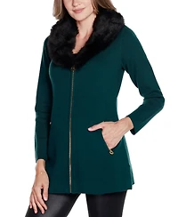 Belldini Women's Black Label Faux Fur Collar Cardigan Sweater