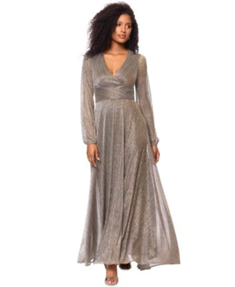 Betsy Adam Womens Metallic V Neck Long Sleeve Gown