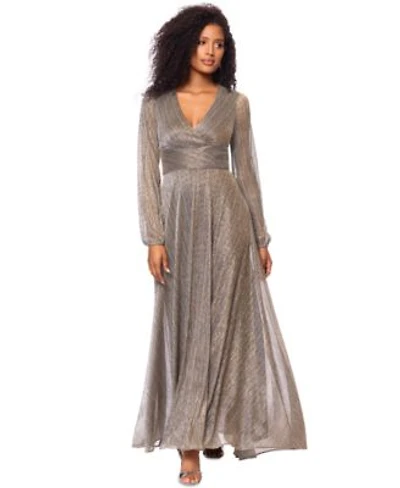 Betsy Adam Womens Metallic V Neck Long Sleeve Gown