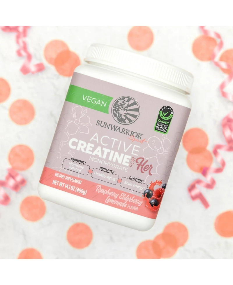 Sunwarrior Active Creatine for Her, Monohydrate Powder Micronized PreWorkout Recovery Supplement for Women, Sunwarrior, Raspberry Lemonade Flavor, 50