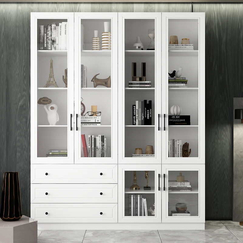 Famapy White 10-Shelf Accent Bookcase with Glass Doors, Led Lights
