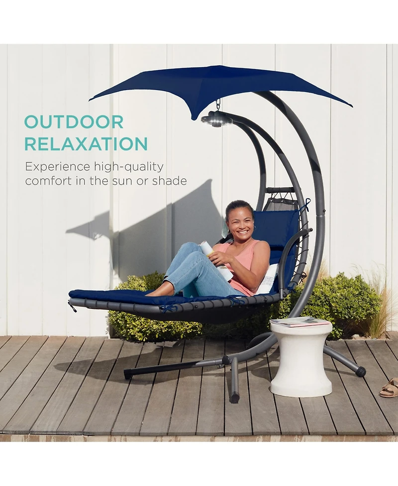 Best Choice Products Hanging Curved Chaise Lounge Chair Swing for Backyard, Patio w/ Pillow, Shade, Stand