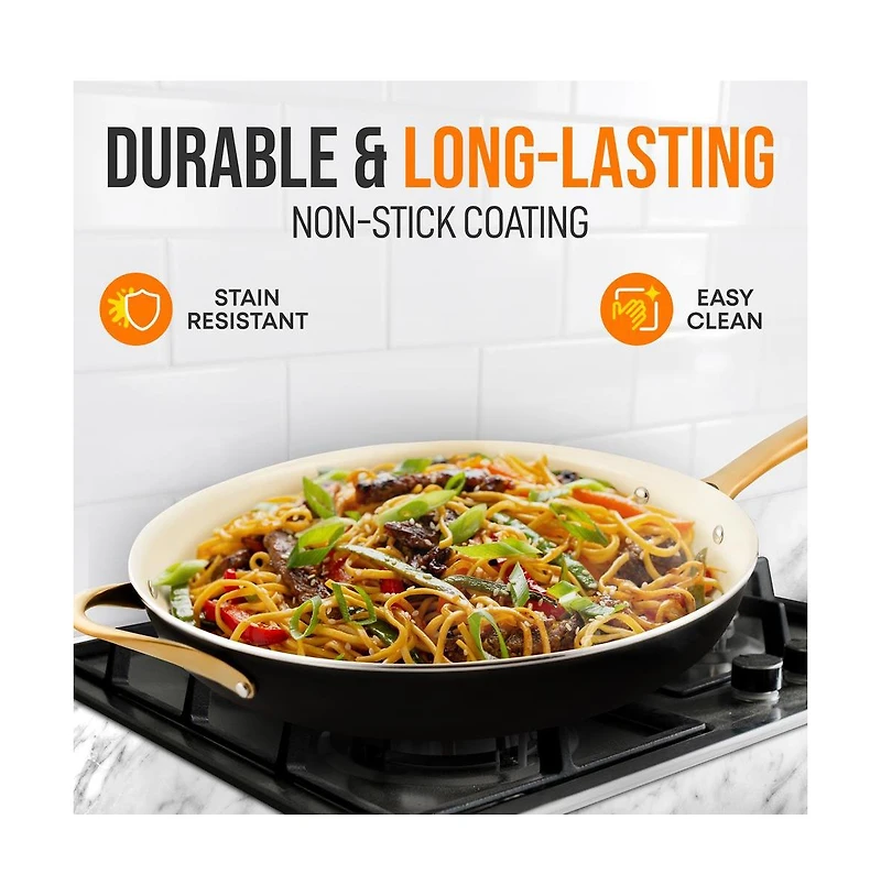 NutriChef 14'' Non-Stick Fry Pan with Lid – Durable Pan with Silicone Handle, Interior Non-stick Ceramic Coating and Polyester coating Outside