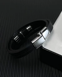 Rhona Sutton Cross Black Leather Stainless Steel Bracelet