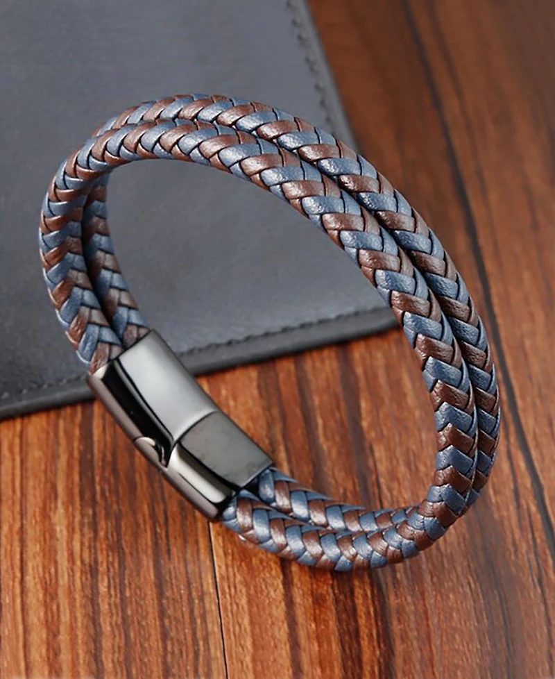 Rhona Sutton Black Double Summit Leather Stainless Steel Bracelet