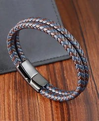 Rhona Sutton Black Double Summit Leather Stainless Steel Bracelet