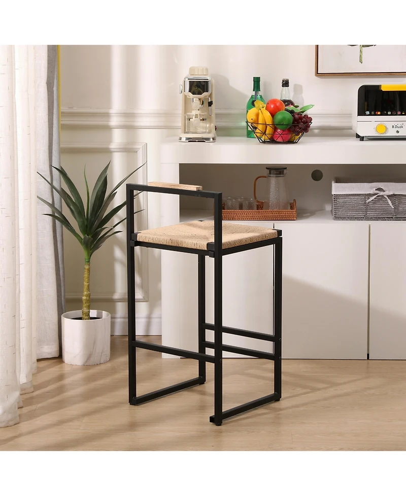 Set of 2 Bar Stools with Back Paper Rope Woven Counter Height Dining Chairs for Kitchen