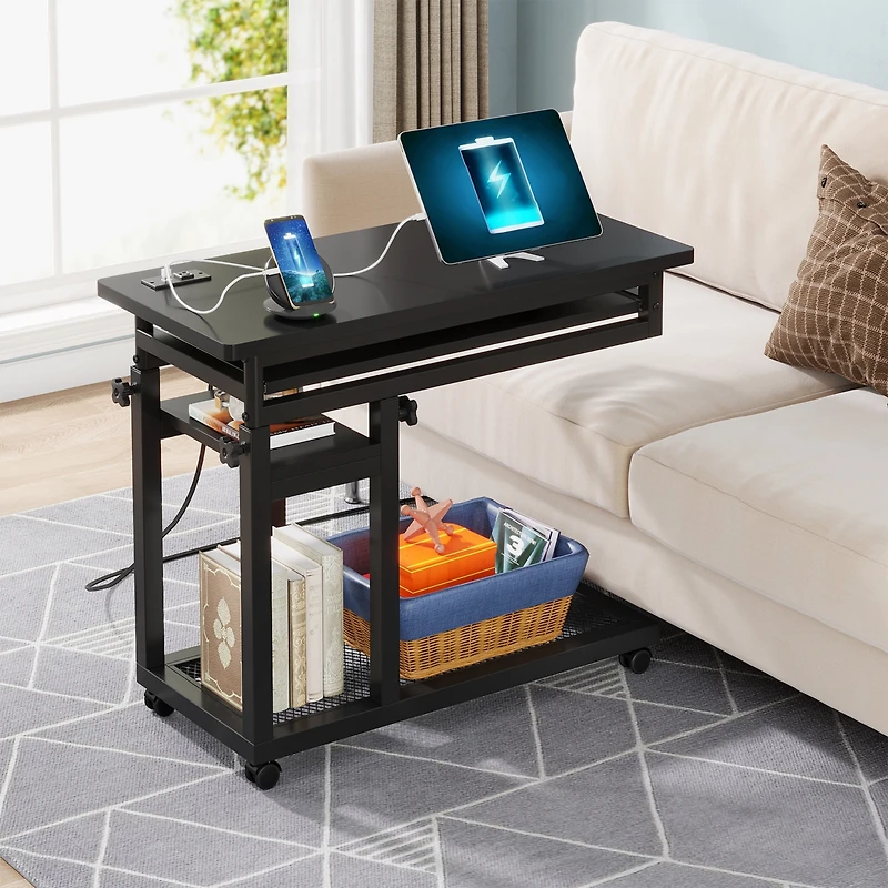 Tribesigns Small Portable Desk with Power Outlet, Height Adjustable Sofa Couch Bedside Laptop Table Wheels, Mobile Standing Rolling Computer