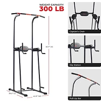 Sunny Health & Fitness Multi-Function Compact Power Tower, 300 LBs Capacity with Captains Chair, Dip Station, Pull Up Bar, Push Up & Core Workout