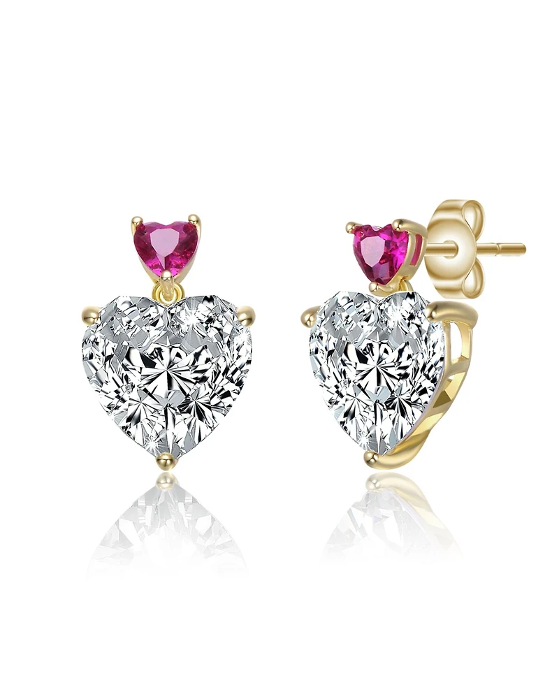 Sterling Silver 14K Gold Plated with Green, Red, or Blue Cubic Zirconia Two-Stone Heart Stud Earrings