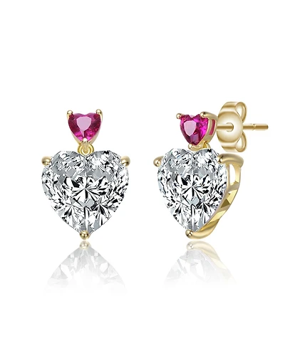 Sterling Silver 14K Gold Plated with Green, Red, or Blue Cubic Zirconia Two-Stone Heart Stud Earrings