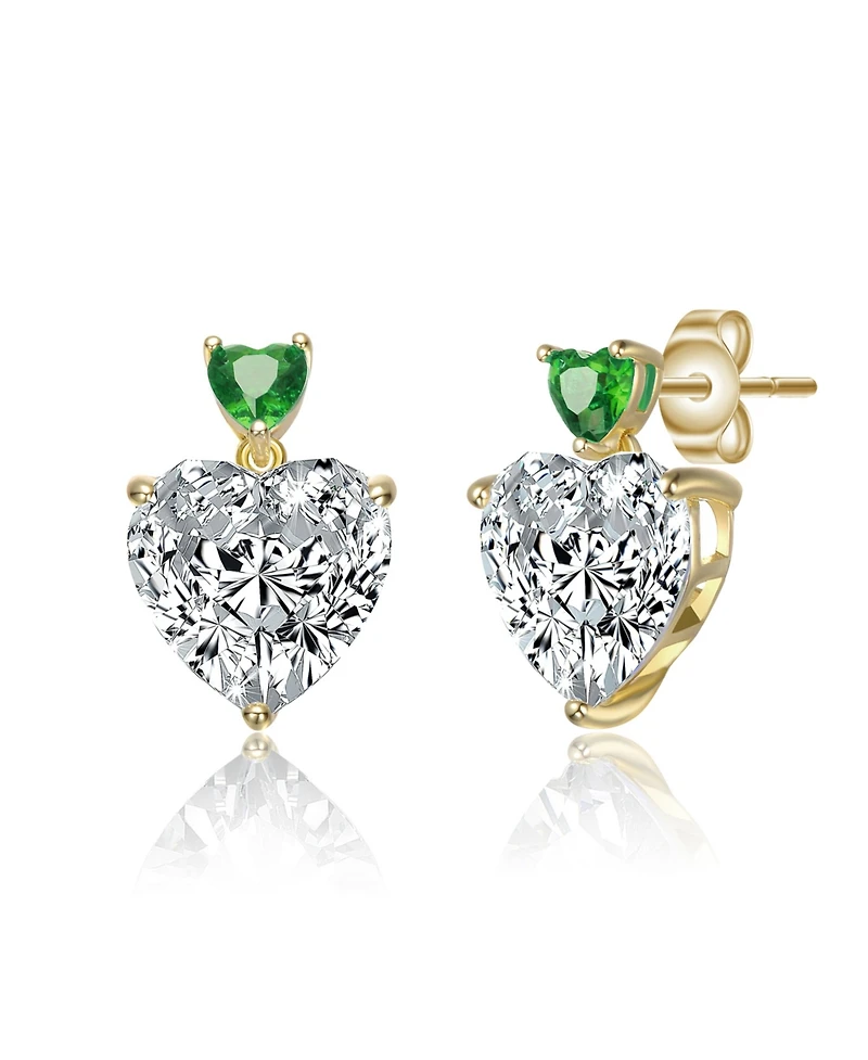 Sterling Silver 14K Gold Plated with Green, Red, or Blue Cubic Zirconia Two-Stone Heart Stud Earrings