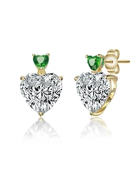 Sterling Silver 14K Gold Plated with Green, Red, or Blue Cubic Zirconia Two-Stone Heart Stud Earrings