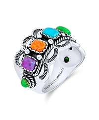 Bling Jewelry Southwest Boho Western Style 5 Rectangle Multi Color Natural Stones Bezel Set Statement Wide Band Ring Oxidized .925 Sterling Silver