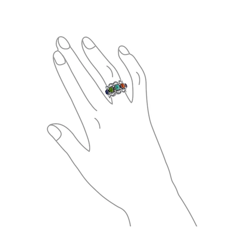 Bling Jewelry Southwest Boho Western Style 5 Rectangle Multi Color Natural Stones Bezel Set Statement Wide Band Ring Oxidized .925 Sterling Silver