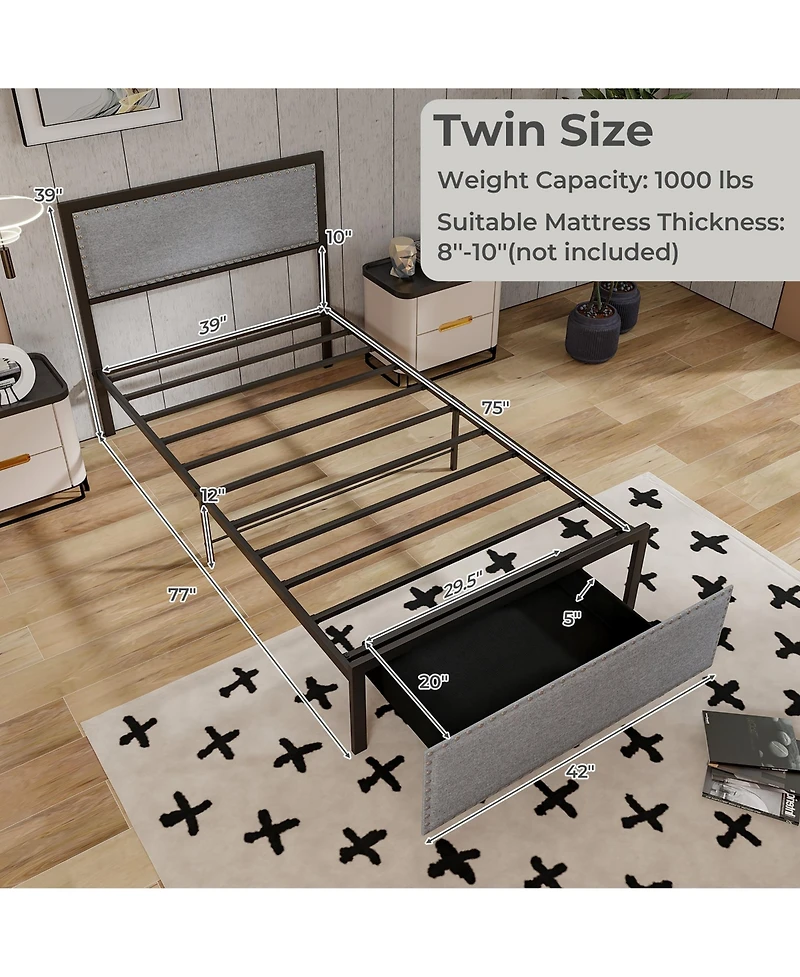 Gymax Twin Size Bed Frame w/ Storage Drawer Metal Platform Bed w/ Led Lights