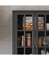 Famapy Grey Wood Bookcase With Tempered Glass Doors and 6-Drawers