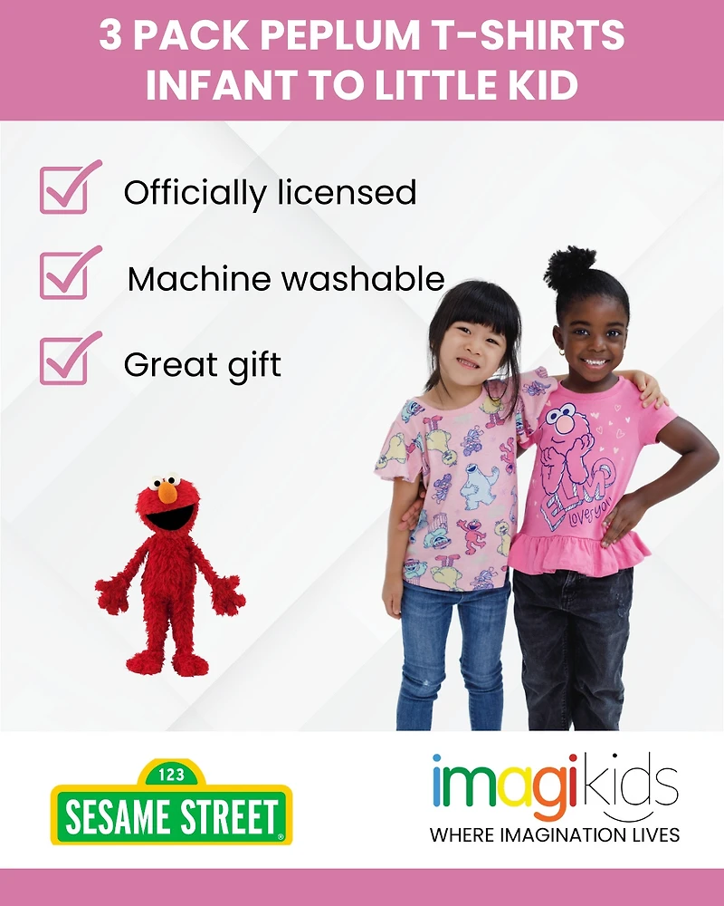 Sesame Street Toddler Girls 3 Pack T-Shirts to (12 Months - 6-6X