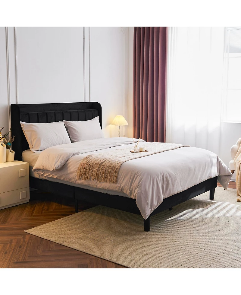 Slickblue Queen Size Velvet Bed Frame with Built-In Charging Station and Storage Shelf