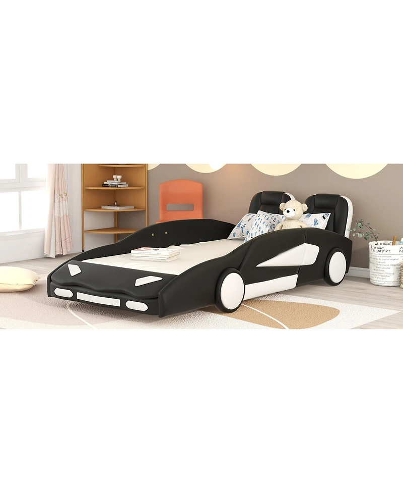 Slickblue Twin Size Race Car-Shaped Platform Bed with Wheels for Kids