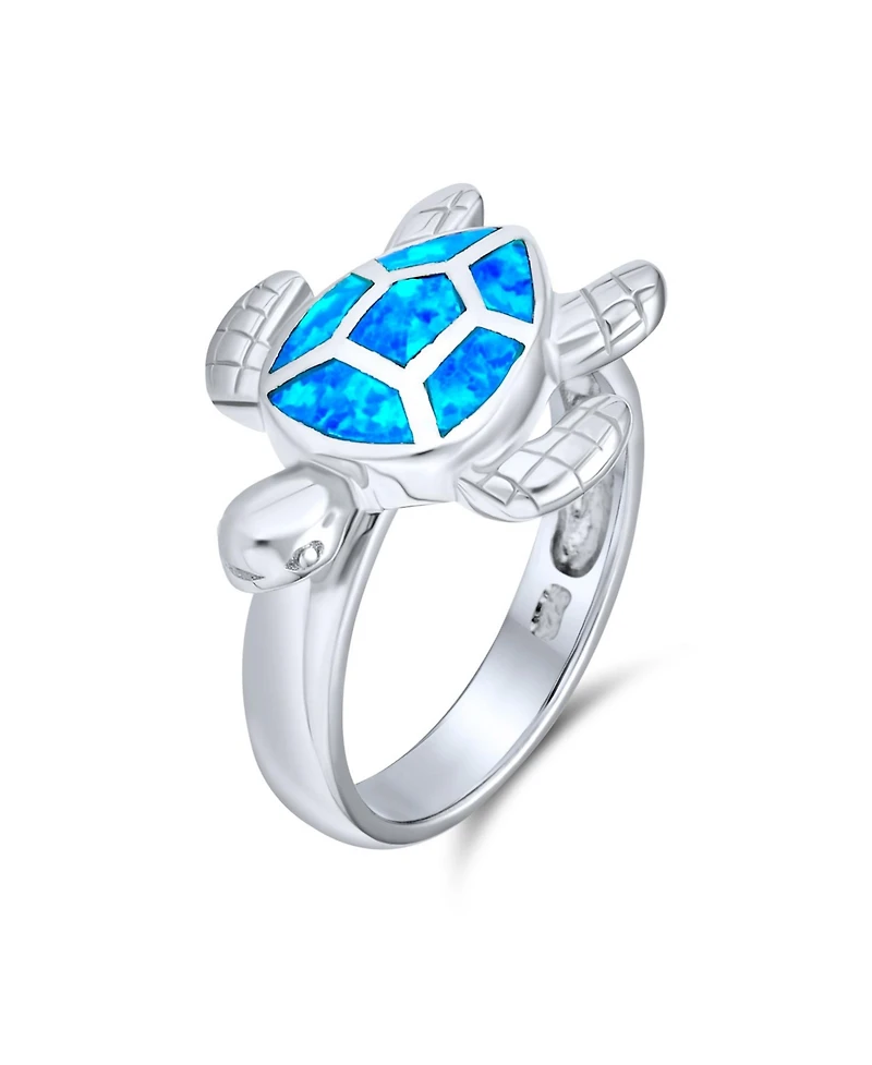 Bling Jewelry Nautical Tropical Beach Vacation Sea Mom Mother Children Tortoise Family Blue Created Opal Inlay Turtle Ring .925 Sterling Silver