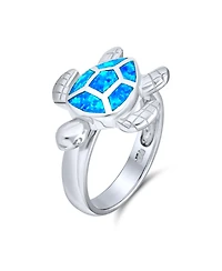 Bling Jewelry Nautical Tropical Beach Vacation Sea Mom Mother Children Tortoise Family Blue Created Opal Inlay Turtle Ring .925 Sterling Silver