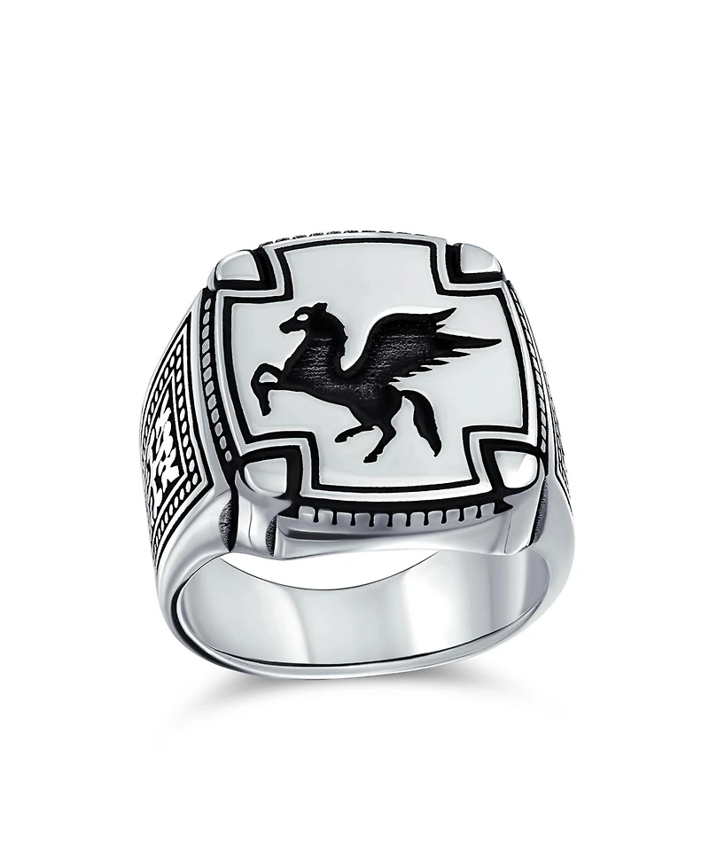 Bling Jewelry Large 2 Tone Ancient Greek Mythical Flying Horse Creature Pegasus Signet Ring Oxidized .925 Sterling Silver