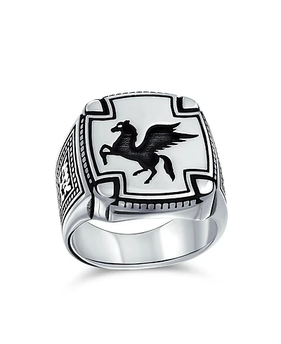 Bling Jewelry Large 2 Tone Ancient Greek Mythical Flying Horse Creature Pegasus Signet Ring Oxidized .925 Sterling Silver
