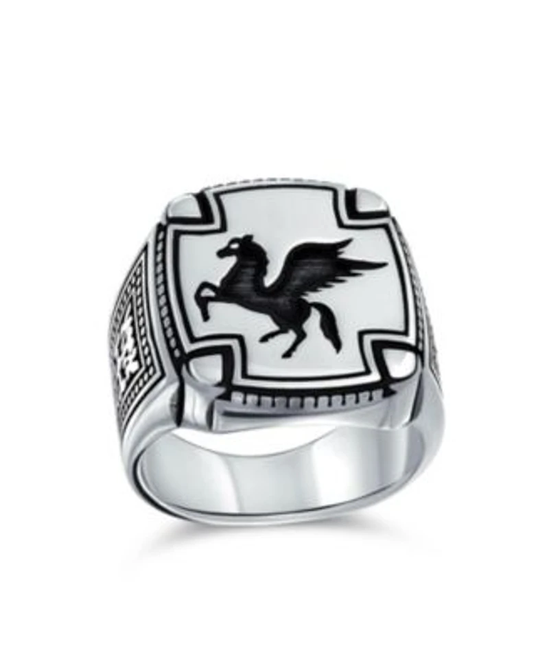 Bling Jewelry Large 2 Tone Ancient Greek Mythical Flying Horse Creature Pegasus Signet Ring Oxidized .925 Sterling Silver