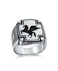 Bling Jewelry Large 2 Tone Ancient Greek Mythical Flying Horse Creature Pegasus Signet Ring Oxidized .925 Sterling Silver