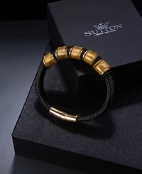 Rhona Sutton Vanguard Gold Black Leather Stainless Steel Bracelet