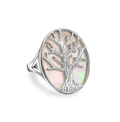 Bling Jewelry Large Statement Iridescent Oval Abalone Rainbow White Mother of Pearl Family Wishing Tree Of Life Ring Wife .925 Sterling Silver
