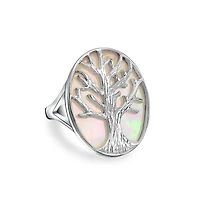 Bling Jewelry Large Statement Iridescent Oval Abalone Rainbow White Mother of Pearl Family Wishing Tree Of Life Ring Wife .925 Sterling Silver