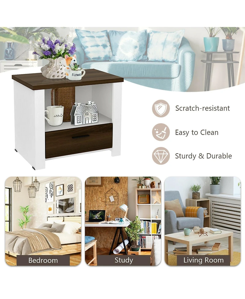Gymax Accent Nightstand with Drawer and Open Shelf Sofa End Table Bedroom Living Room