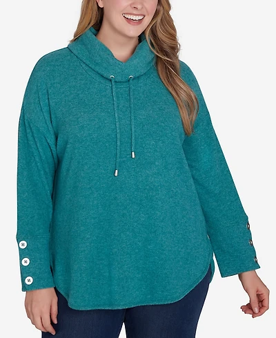 Ruby Rd. Plus Size Cowl Neck Hatchi Knit Top with Drawstring