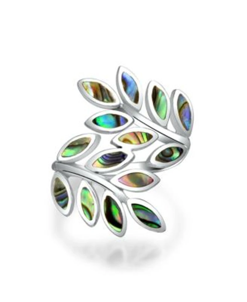Bling Jewelry Nature Ivy Rainbow Shell Nature Wrap Ivy Laurel Vine Leaf Bypass Abalone Ring .925 Sterling Silver