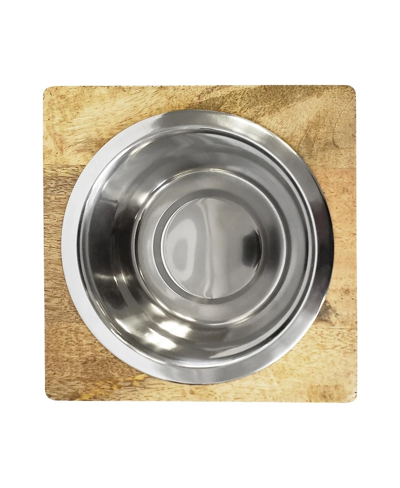Country Living Elegant Stainless Steel Dog Bowl with Square Mango Wood Holder, Perfect for Modern Pet Homes – 1 qt