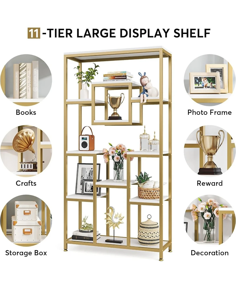 Tribesigns 71" Gold Bookshelves Set of 2, 11-Tier Large Tall Open Display Bookshelf, Geometric Cubed Etagere Bookcase, Modern Book Shelf, Gold &
