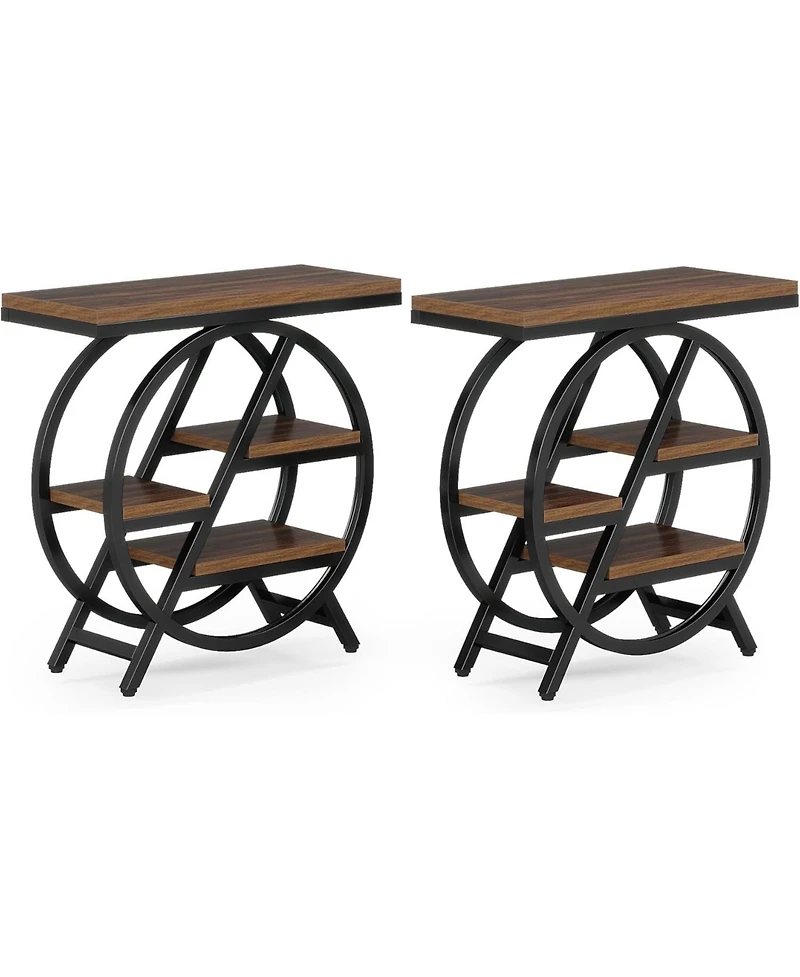 Tribesigns End Table Set of 2, 3-Tier Narrow Sofa Side Table with Storage for Living Room, Wood End Table with Geometric Metal Frame, Industrial Night