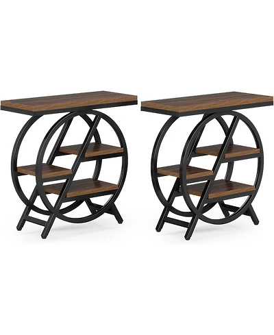 Tribesigns End Table Set of 2, 3-Tier Narrow Sofa Side Table with Storage for Living Room, Wood End Table with Geometric Metal Frame, Industrial Night
