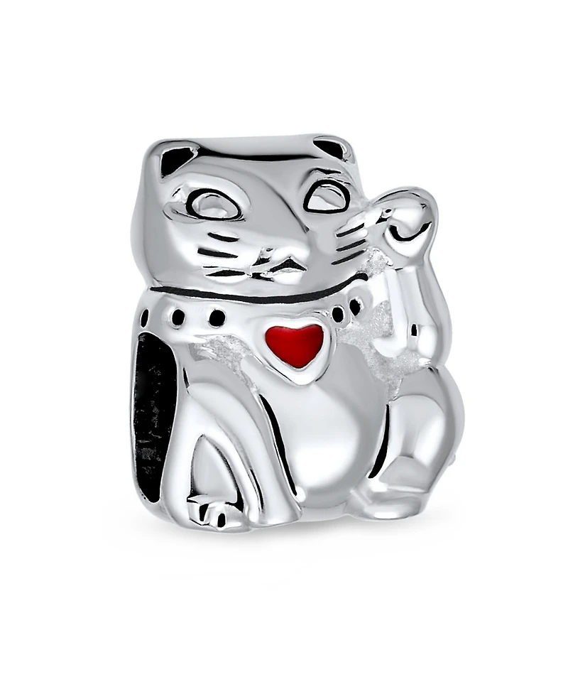 Bling Jewelry Japanese Maneki Neko Lucky Cat Good Fortune Dangle Charm Bead Red Enamel .925 Sterling Silver Fits European Bracelet