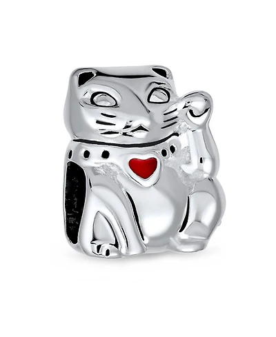 Bling Jewelry Japanese Maneki Neko Lucky Cat Good Fortune Dangle Charm Bead Red Enamel .925 Sterling Silver Fits European Bracelet