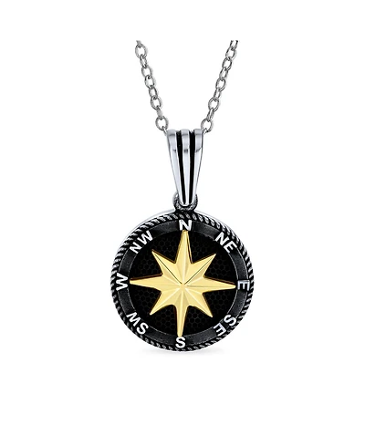 Bling Jewelry Explorer Travel Viking Disc Medallion Inspirational North Star Rose Compass Pendant Necklace Plated Two Tone .925 Sterling Silver with C