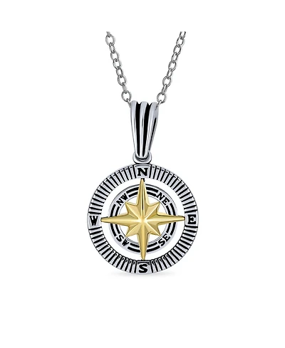 Bling Jewelry Viking Disc Medallion Black Gold Plated Compass Pendant Necklace Sterling Silver Chain