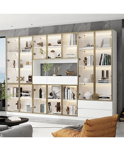 Famapy 30-Shelf White Wood Standard Bookcase With Doors,Led Lights,Drawers