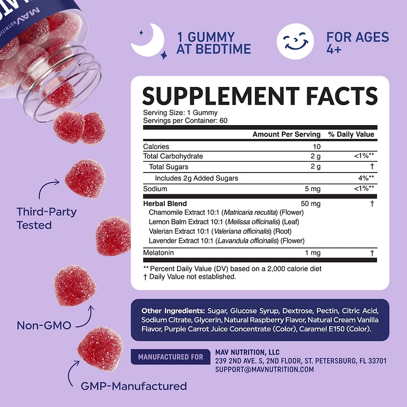 Mav Nutrition Melatonin Gummies for Kids, Premium Melatonin Gummies for Improve Sleep Quality with Chamomile & Lemon Balm, Raspberry Flavor, Mav Nutri