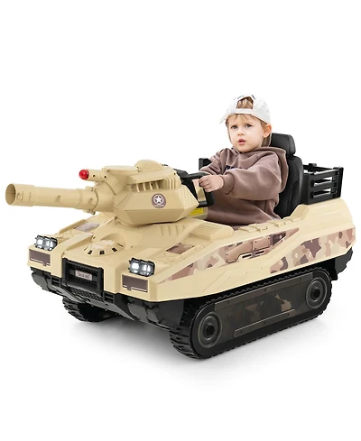 Electric Kids Ride On Tank with Rubber Tracks Rotatable Turret & Working Cannon